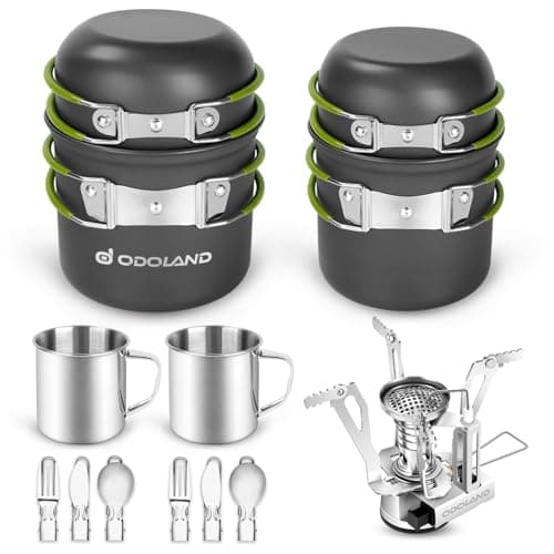 Odoland Multi-PCS Set of Durable and Compact Aluminium Camping Pots and Pans Complete Camping Utensils Kit with Ultralight Camping Stove for Hiking, Fishing