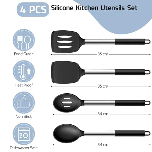 Homikit Black Kitchen Utensil Set, 4Pcs Silicone Turners Spoons for Cooking — view 2