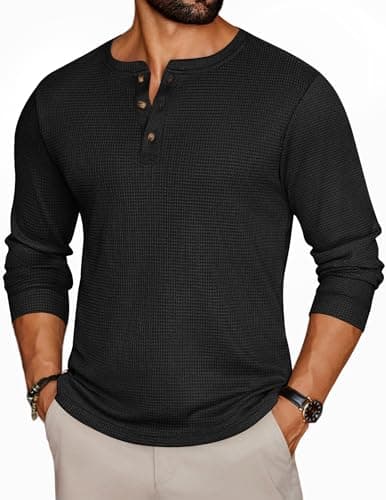 Ekouaer Mens Long Sleeve Shirt Waffle Knit Henley Tops Black L