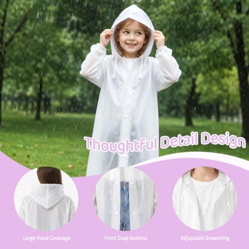 GOZINA Kids Rain Poncho Waterproof, Thickened EVA Raincoat with Hooded Drawstring & Snap Buttons, Portable Rain Coats for Boys Girls School Travel Outdoor (White + Purple) — view 4
