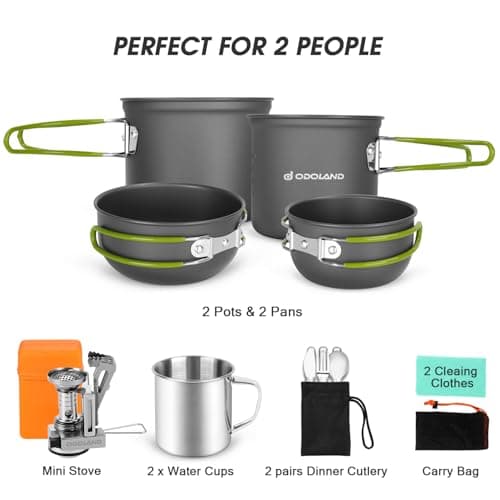 Odoland Multi-PCS Set of Durable and Compact Aluminium Camping Pots and Pans Complete Camping Utensils Kit with Ultralight Camping Stove for Hiking, Fishing — view 2