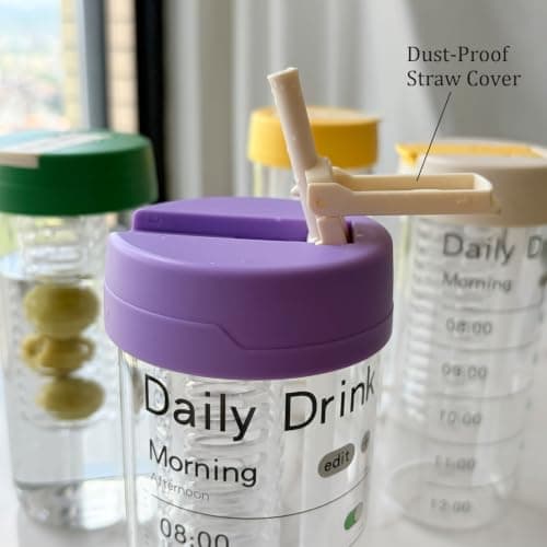 700ml Glass Water Bottle with Fruit Infuser & Hidden Straw, Leakproof Time Marker Drinking Bottle, BPA-Free Glass Tumbler with Silicone Sleeve forScholl, Gym, Office, Travel (Lavender Purple, 700ml) — view 5
