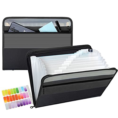 TRANBO 13 Pockets Expanding File Folder with Zipper Closure, A4 Plastic Document Wallet Organizer with Handy Small Items Front Pocket for Personal Office Stationary Storage(Black)