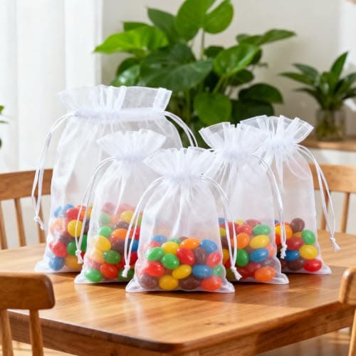 vaolmlop 100 Pcs White Organza Pouches,7x9 cm Small Gift Bags,Jewelry Bags with Drawstring,Mini For Wedding,Christmas,Party Supplies — view 6