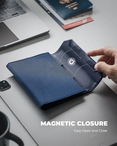 VULKIT Slim Passport Holder RFID Blocking, Leather 2-3 Passports Wallet, Travel Essential, Magnetic Closure, Detachable AirTag Holder, Blue — view 6