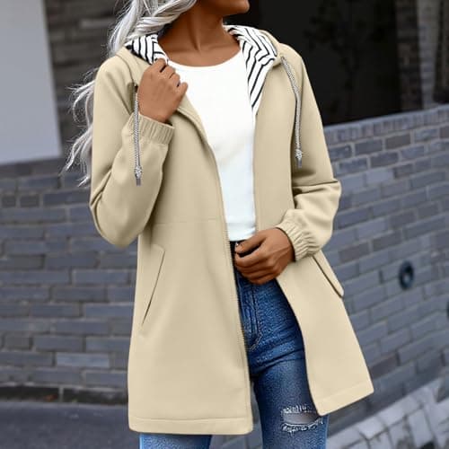 Saxrel Thin Raincoat Women Packable Waterproof Jacket Stripe Print Lined Windproof And Rainproof Hiking Zip Up Hoodie Hooded Rain Coat Pocket Windbreaker Beige Ladies Lightweight Jackets Ladies Coat — view 2