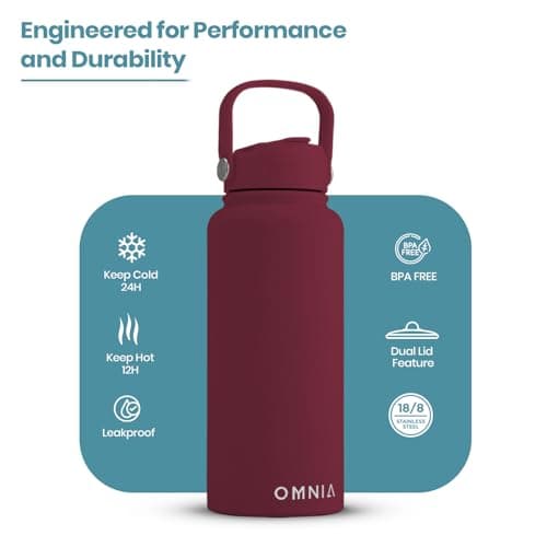 OMNIA NUTRIENTS Vacuum Insulated Stainless Steel Water Bottle, 2 Lids (Straw & Spout) Leakproof, BPA-Free, Reusable Flask Ideal for Travel and Outdoors (Burgundy - 1000 ml) — view 2