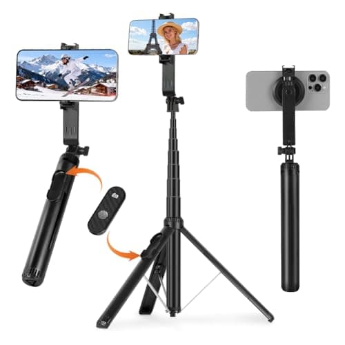 AOOTE Magnetic Selfie Stick Tripod, 154cm Extendable and Portable Selfie Stick with Detachable Wireless Remote＆Phone Clip, Magnetic Attraction Mobile Phone Tripod Stand Compatible with iPhone,Android