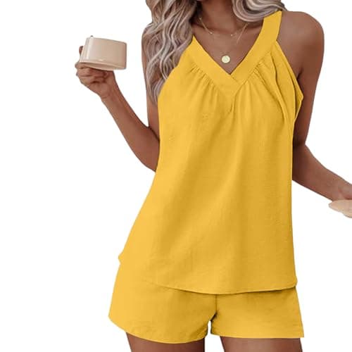 Two Piece Outfits Women Summer Lounge Wear Sets Ladies Linen Sleeveless Vest Tops and Shorts Loose Fitting Co Ords Lightweight Comfortable Short Tracksuits Full Set 2 Piece Travel Outfits Pj Sets — view 2