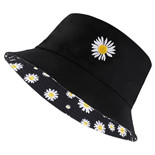 Sibba Summer Bucket Hat Packable Sailor Fisherman Caps for Fishing Golf Camping Travel Large Head Wide Brim Sun Protection Headwear Valentines Day for Men Women Teens Girls (Flower) Black