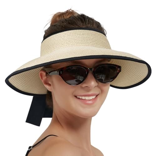Creekstone Sun Visor Hats for Women Straw Visor Wide Brim UV Protection Packable Summer Beach Hat Ponytail Travel UPF 50+ (UK, Alpha, One Size, Beige with Black Rim)