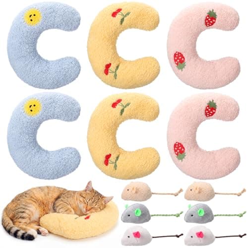 Sliner 6 Pack Cat Pillow and Mouse Toy Set, Calming U Shaped Pet Neck Pillows, 8'' Soft Fluffy Chin Rest Sleeping Bed for Small Dogs, Joint Relief Cervical Support, Indoor Outdoor Use