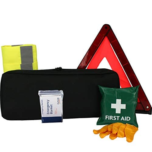 EVAQ8 Car Safety Pack with Travel First Aid Kit Warning Triangle High Visibility Vest Foil Blanket