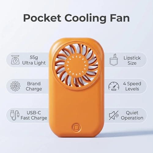 Mtbricey Mini Handheld Fan Portable USB Rechargeable 4 Speed Small Pocket Fan Ultra Light 55g Quiet Personal Fan for Travel Office Outdoor (Orange) — view 3