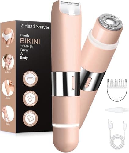 Bikini Trimmer Women 2-in-1 Facial Hair Remover for Women,USB Razors Woman,Dual Head Shaver Women with Light for Intimate,Lady Shavers for Woman Pubic Hair for Lip Underarm Body,Travel Lock,Salt Pink