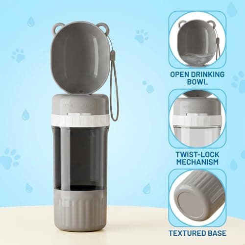 Dog Water Bottle, 400ml Leak-Proof Pet Water Dispenser & 180ml Food Container, Portable Puppy Water Dispenser, Portable 2 in 1 Dog Water Bottle for Walking and Outdoor Adventures (gray) — view 3