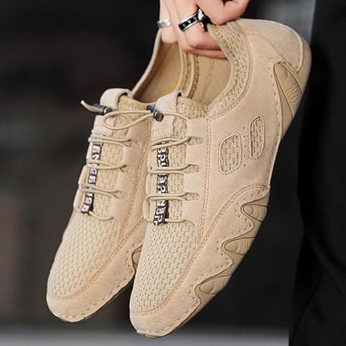 Men's Driving Shoes Breathable Mesh Slip On Walking Sneakers Lightweight Casual Trainers with Flexible Rubber Sole for Travel Driving Work Outdoor Hiking Road Trips Daily Walking (Khaki,8) — view 5