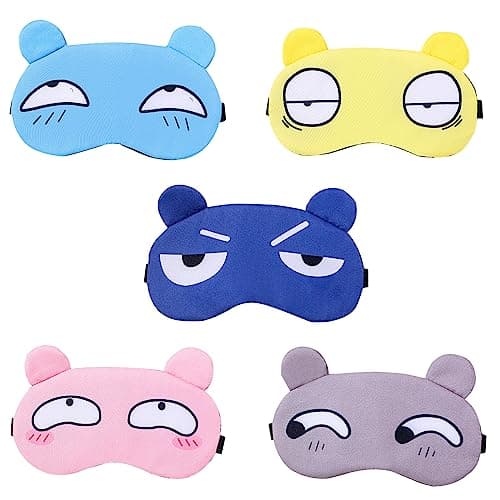 TSHAOUN 5 Pieces Cute Sleep Eye Mask, Cartoon Sleeping Eye Masks Sleep Blindfold for Women Men, Blackout Eye Mask with Adjustable Strap, Eye-Cover Blindfold for Night,Travel,Nap (5 Colors)