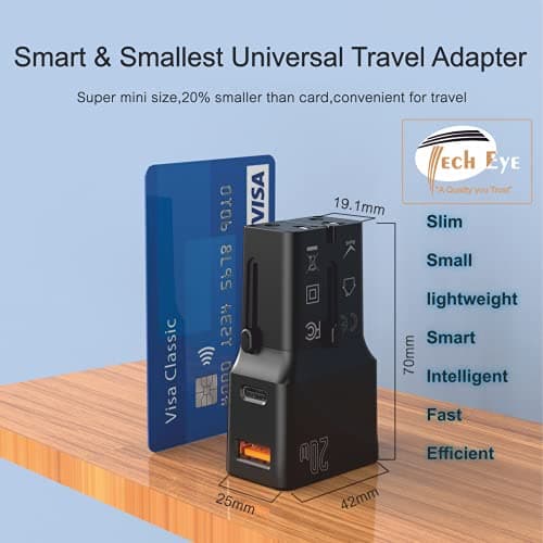 TechEye Black Travel Adapter Worldwide – USB-C + QC3.0 Dual Port, 25W Fast Charging Plug for iPhone 16/15/14/13/12, Samsung S25/S24/23, Fold, Note20 & More – Slim, Smart, and Portable — view 5