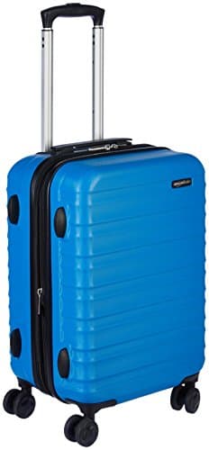Amazon Basics Hard Shell Small Suitcase - Expandable ABS Hand Luggage with 4 Double Spinner Wheels - Scratch Resistant and Lightweight Construction - 55 x 37.5 x 25.5cm - Light Blue