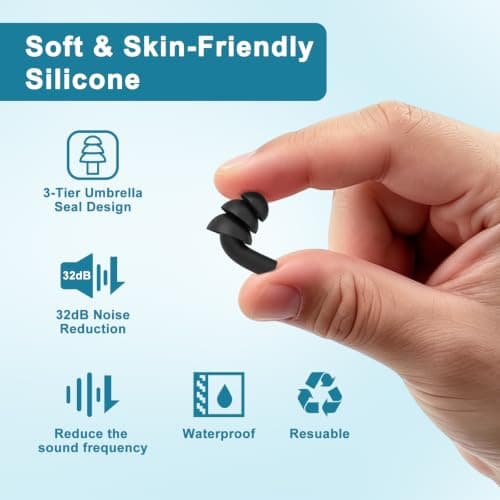 5 Pairs Earplugs for Sleeping Noise Cancelling, Reusable Ear Plugs– Super Soft, Silicone Ear Plug, for Sleeping, Swimming, Snoring, Concerts, Work, Noisy Places Black*5 — view 3