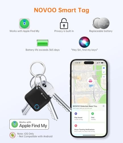 NOVOO Smart Tag for Apple Find My (iOS Only), Loud 80dB Alarm Item Finder, Replaceable Battery Tracker with Child-Safe Lock, Key & Wallet Tracker, Luggage Finder (4 Pack with Key Rings & Battery Tool) — view 3