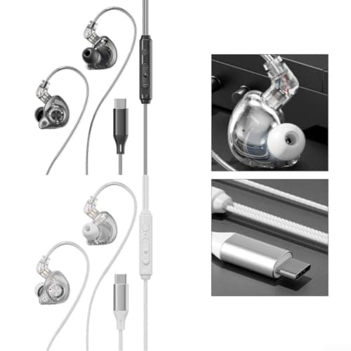 LatoYard Detachable for HiFi IEM USB C Earbuds with Volume Control - Noise Isolating Wired in Ear Headphones for Clear Calls Music - 1.2m Free Black Silver Cord(White) — view 6