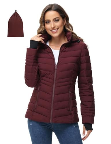 ROYAL MATRIX Women's Packable Puffer Jacket, Lightweight Puffer Jacket Winter Warm Quilted Puffer Jacket with Detachable Hood, Wine Red, Medium