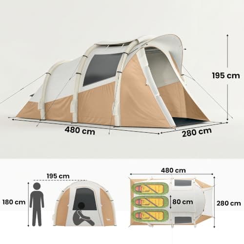 Outsunny Inflatable Camping Tent w/Air Pump, Tunnel Design Khaki — view 3