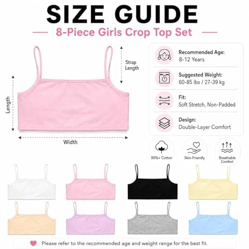 8 Pack Girls Crop Tops & Training Bras, Cotton Set for Ages 8-12 | Over 90% Cotton, Light Support, 8 Crop Tops, Ages 8-12, 8 Colours, for School, PE And Daily Wear — view 2