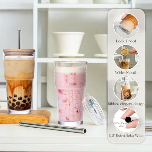 KEMORELA 2-Pack 20oz/600ml Ribbed Glass Tumblers with 2-in-1 Leak-Proof Lids & 13mm Stainless Steel Straws – Reusable Drinking Cups for Iced Coffee, Boba, Smoothies, Cold & Hot Drinks, Travel Cups — view 5