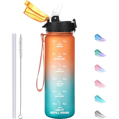 GOPPUS 500ml/17oz Kids Water Bottles with Straw Tritan Childrens Bottle with Flip Top Lid BPA Free Measured Drinks Bottle with Strap Sports Reusable Time Markings Leakproof (Orange Green)