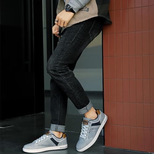 Mens Casual Shoes Leather Trainers Classic Sneakers Lace Up Walking Shoes Grey 9.5 UK — view 3
