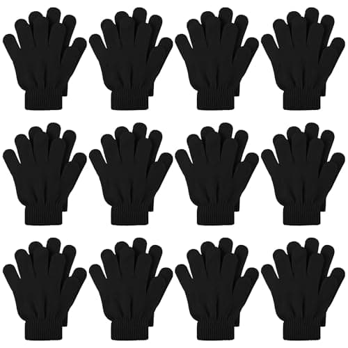 Active Star Kids Magic Gloves 6/12 Pairs, Boys & Girls Winter Soft Warm Full Finger Cozy Stretch Knit Cold Weather Gloves For School, Cycling, Outdoor Play & Travel Age 4–10 (Pack Of 12 - Black)