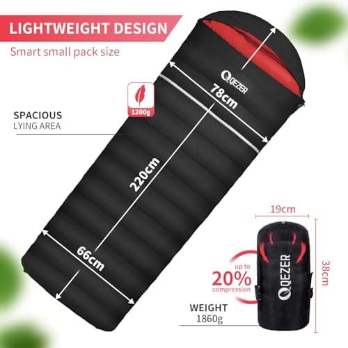 QEZER Down Sleeping Bag,Lightweight Rectangular Winter Sleeping Bag [1180g/1860g] for Adults and Kids 4 Season Camping, Hiking,Warehouse and Moutaineering Outdoor (Black, 1200g down) — view 2