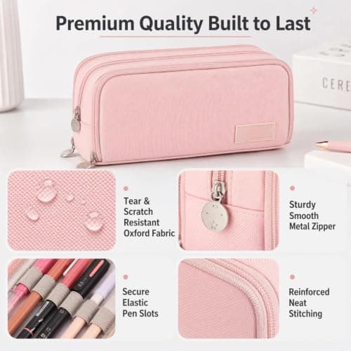 Large Capacity Pencil Case 3 Compartment Pouch Pen Bag for School, Pink — view 6