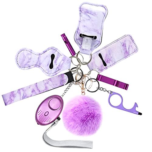 Flymind Safe Keychain Set for Girls with Personal Safety Alarm, Hand Sanitizer Holder, Whistle and Pom