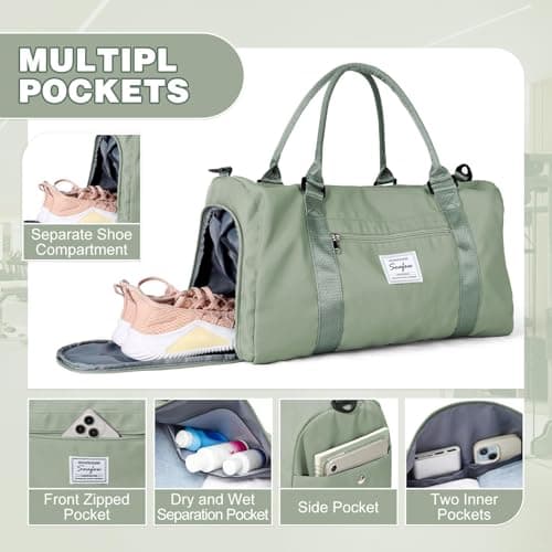 WEPLAN Gym Bag Womens Men Sports Fitness Bags Weekend Overnight Bag Travel Duffle Bags for Women with Shoes Compartment Wet Pocket,Holdall Hospital for Swimming Carry on Hand Luggag,A9-Gray Green — view 4