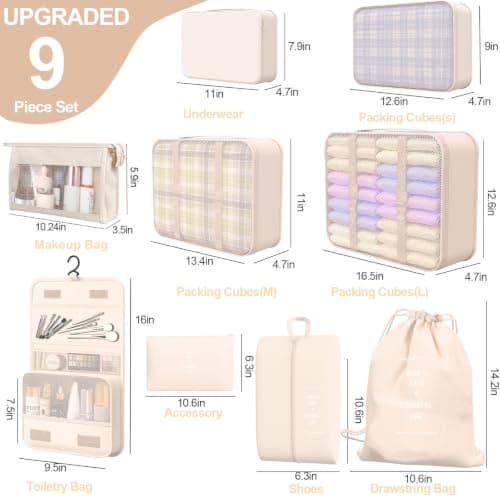 9 Set Packing Cubes for Travel, Suitcase Organizer Bags for Luggage (Cream) — view 2