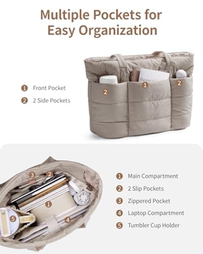 Narwey Tote Bags for Women, Ladies Handbags & Shoulder Bags, School Work Laptop Bags for Women, Quilted Puffer Teacher Hand Bag for College Shopping Travel Gym Beach (Khaki) — view 4