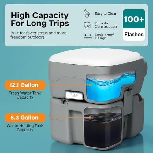 SereneLife 20L Portable Toilet for Adults, Leak Proof Camping Toilet with Detachable Waste Tank, Ideal for Camping and Other Recreational Activities, Durable and Comfortable Toilet Seat, 120 Flushes — view 3