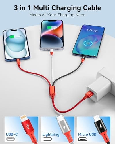 ASICEN 3 in 1 Short Multi Charger Cable, 35cm, Red, 3-Pack — view 3