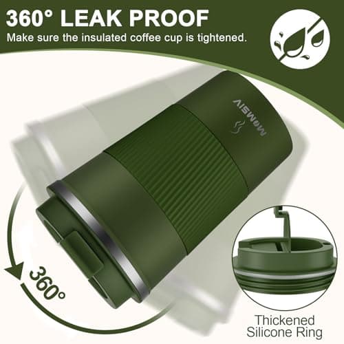 MOMSIV Coffee Cup, Insulated Coffee Cup with Leakproof Lid, Non-Slip Vacuum Reusable Stainless Steel Eco-Friendly Travel Office Mug for Hot and Cold Water Coffee and Tea, 380ml/13oz(ArmyGreen) — view 5