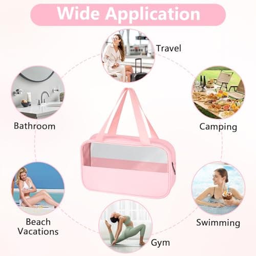 MOXYOY Clear Travel Toiletry Bag,Portable Makeup Bag Cosmetic Wash Bags,with Zippers Travel Essentials,PVC+PU Hanging Transparent Waterproof Bag,Vacation Bathroom Organizer,for Women and Men (Pink) — view 6