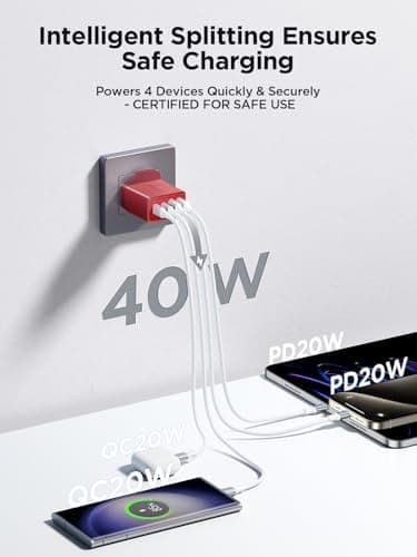 USB C Plug,40W 4-Port Fast Charger Plug Dual Port PD Power Adapter + QC Mains Wall Chargers Type C Charger Plug for iPhone 16 15 14 13 12 Pro Max 8 iPad, Samsung — view 2