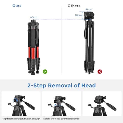 LINKCOOL 74-Inch Tall Camera Tripod Stand for Canon Nikon Sony - Lightweight Aluminum With Detachable Head, Phone Mount (Orange) — view 4