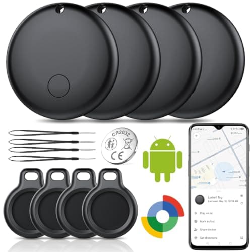 Android Tracker Tags-4 Pack (NOT iOS or HarmonyOS), Tracking Tags for Android Works with Google's ‘Find Hub’ App, IP68 Waterproof, Replaceable Battery, Smart Tag for Luggage, Backpack, Key