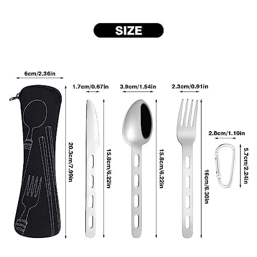 Fuyamp 3Pcs Camping Cutlery Set with Portable Pouch Case, Stainless Steel Flatware Camping Utensils Set for Knife, Fork and Spoon Set with Carabiner for Travel Hiking Picnic Office School — view 2