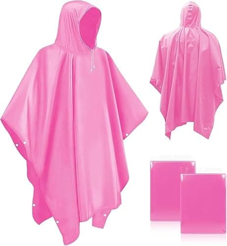 Czyan 2 Pack Rain Ponchos for Adults Reusable,Thickened Portable EVA Waterproof Raincoats Survival Emergency Lightweight Duty Rain Coat with Drawstring Hood for Hiking Camping Fishing & Travel - Pink