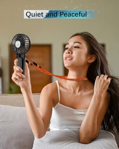 Portable Fan Handheld Fan with Neck Lanyard, Battery Operated Electric Powered USB Rechargeable Fans, 6-15H Cooling, 180° Foldable with 4 Quiet Speeds Mini Fans for Travel Outdoor Home Office, Black — view 5